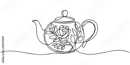 continuous one line drawing Vector line art teapot with floral design