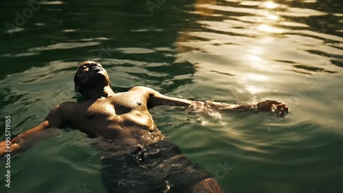 Serene Man Floating on Back in Calm Water with Sunlight Reflections, Peaceful Relaxation and Outdoor