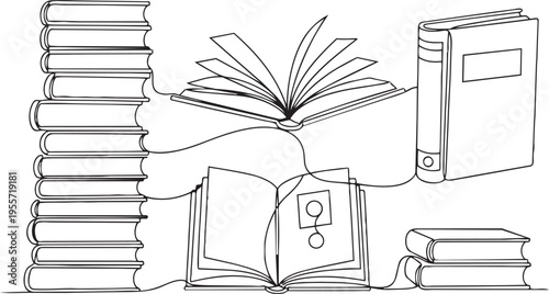 Illustration of knowledge and learning through various books and an open book with a symbol