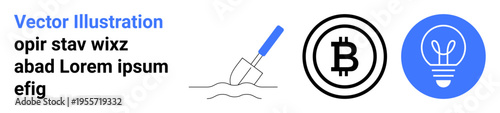 Cryptocurrency, blockchain technology, digital innovation, investment strategies, mining concepts, idea generation. Shovel, Bitcoin logo and lightbulb symbol core . Cryptocurrency and blockchain