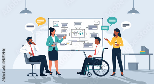 Diverse team collaborating on a project, with one member in a wheelchair, brainstorming ideas on a whiteboard.