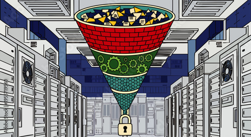 Advanced data security and filtering process in a high-tech server room, visualizing digital information flow through a complex funnel system with encryption.