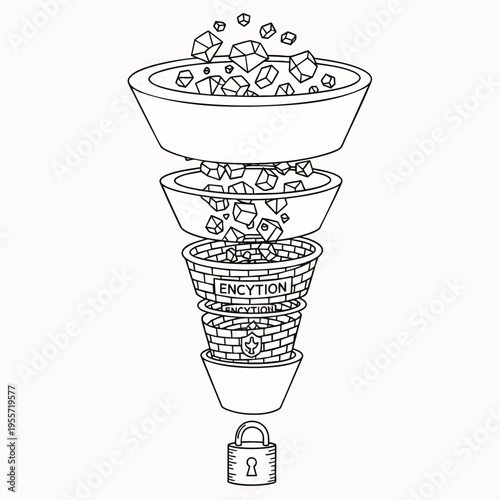 Conceptual black and white line art of data security funnel, illustrating the encryption process from raw input to locked, protected information.