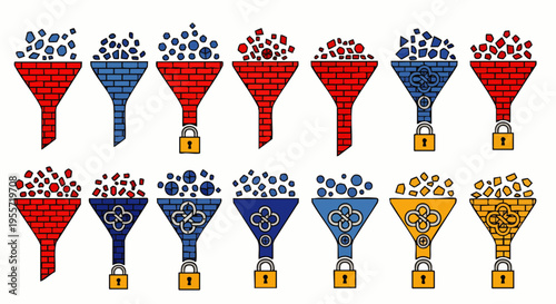 Abstract illustration of colorful funnels with particles and padlocks, symbolizing data filtering, secure processes, selection stages, and business optimization.