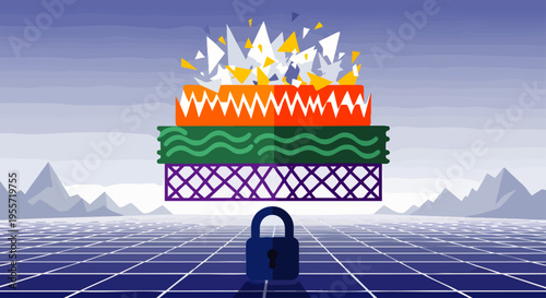 Abstract digital security concept: Layered data breaking above a padlock, illustrating a cyber attack, data breach, or system vulnerability.