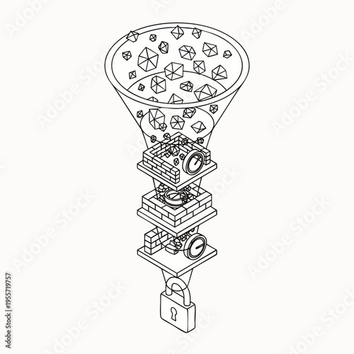 Abstract isometric line art of a data processing funnel, illustrating information filtering, secure data flow, system architecture, and conceptual security processes.