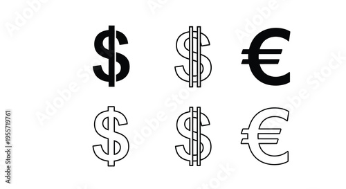 Currency symbols of dollar yen and euro in black outline silhouette