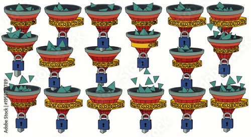 Abstract illustration of data processing and filtering through multiple secure funnels, symbolizing workflow optimization and information flow management.