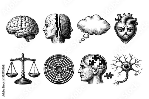 Collection of vintage-style illustrations representing abstract concepts of mind, emotion, and logic