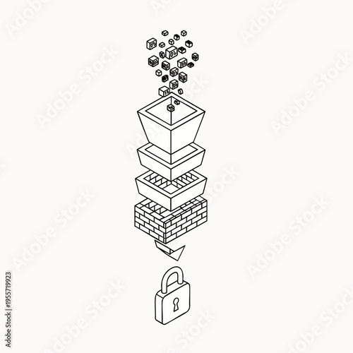 Data Protection Pipeline Isometric Line Art. Information processing, filtering, and encryption concept. Digital security flow diagram for technology.