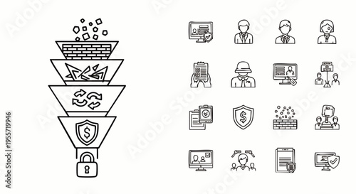 Sales Funnel and Business Marketing Icons Set. Digital Strategy, Conversion Optimization, Data Analysis, Customer Journey, Security, Team Management Vector Line Art.