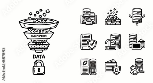 Data Security and Privacy Line Icons Set. Vector illustrations for encryption, data processing, storage, protection, and digital information management.