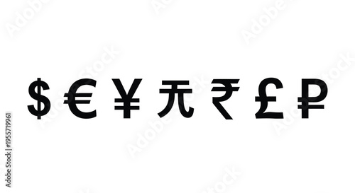 Various international currency symbols displayed in a bold silhouette