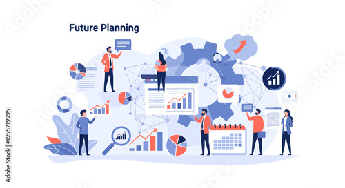 Illustration of business professionals collaborating on future planning with charts, graphs, and calendars.