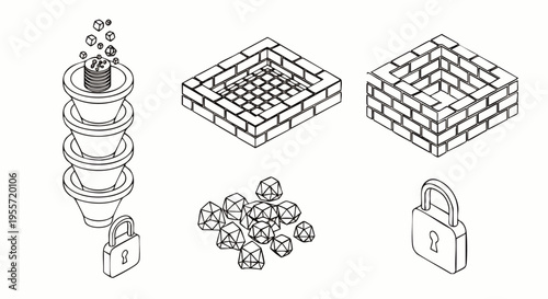 Isometric game design elements vector illustration set featuring stacked pots with gems, brick structures, treasure pile, and padlocks for mobile app development.