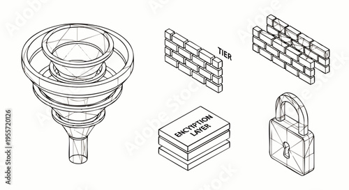 Isometric line art illustrations of technology and data security. Concepts include a data funnel, tiered walls, an encryption layer, and a secure padlock symbol.