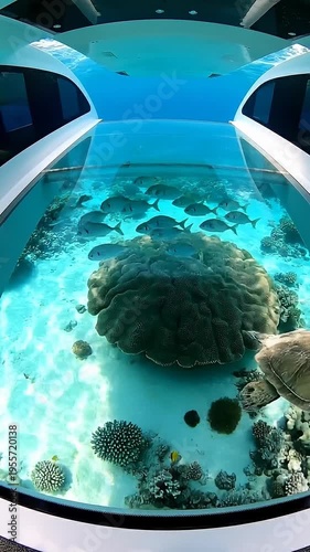 Underwater Ocean View Through Glass Window Of Sea Turtle And Fish Swimming Over Coral Reef
