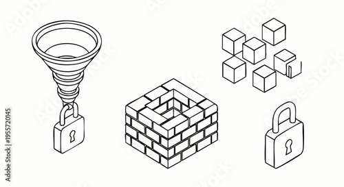 Isometric line art illustration of abstract security and data processing concepts. Features a funnel with a padlock, a brick well, and data blocks.