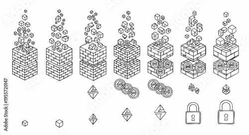 Isometric line art illustrating the conceptual process of building secure digital systems. Data blocks, cryptocurrency, and padlocks symbolize growth and protection.
