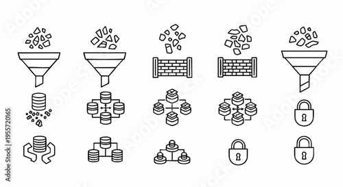 Data processing, security, and network infrastructure line icons collection. Concepts of filtering, storage, protection, and distributed systems.