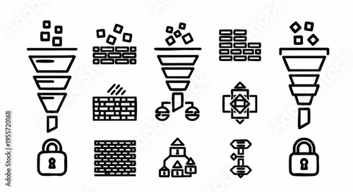 Modern vector icon set for digital data filtering, security, and processing. Abstract funnels, firewalls, padlocks, and network symbols for technology.