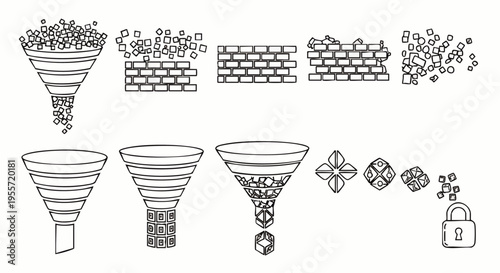 Vector line art illustrations depicting abstract concepts of data filtering, security, process flow, barriers, and problem-solving with funnels and walls.