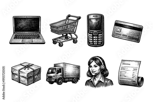 Set of e-commerce and delivery icons in vintage engraving style
