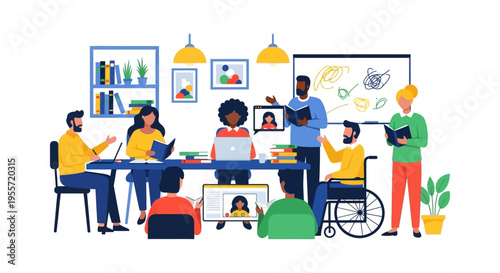Diverse Inclusive Team Meeting and Studying. Group Collaboration, Hybrid Education, and Workspace Inclusion with People in Wheelchair.