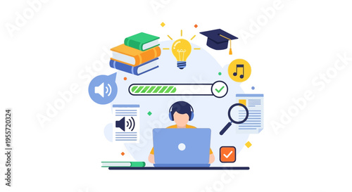 Online Education and E-Learning Concept. Digital Student Studying on Laptop, Progress Bar, Books, Graduation Cap, and Knowledge Icons.
