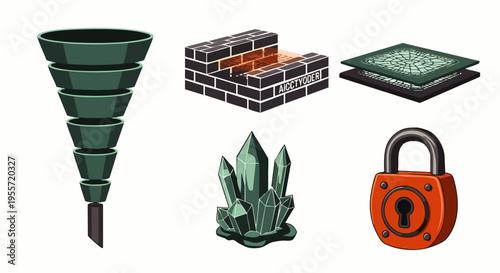 Vector graphic icons: sales funnel, secure brick wall, layered data, green crystals, padlock. Essential for business, technology, and security concept designs.