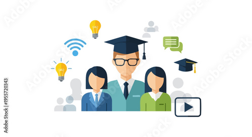 E-Learning and Online Education Concept: Flat Illustration of Graduates, Mentors, and Students with Tech and Idea Icons
