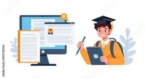 College Student Applying Online: Digital Education, E-Learning, and Academic Application Process Illustration