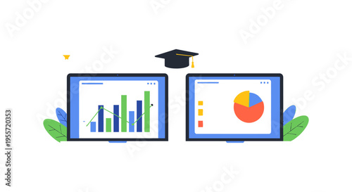 Online Education Analytics Dashboard Illustration. Digital Learning Performance Measurement and Academic Data Literacy Concept.