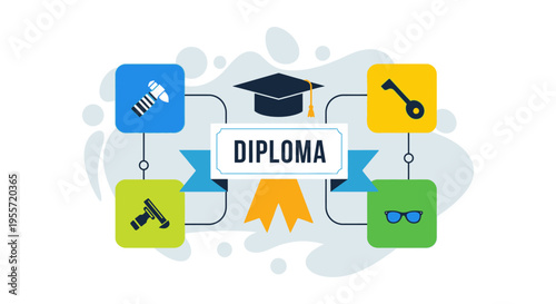 Vocational Diploma Concept: Career Path Infographic with Graduation Cap, Certification Ribbon, Key, and Skill Development Icons in Flat Design.