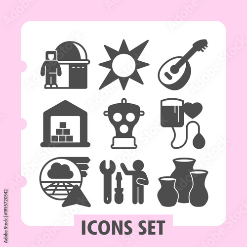 Set of nine glyph icons featuring chef, star, guitar, house, robot, coffee, car, tools and vases for clean web and mobile design elements.