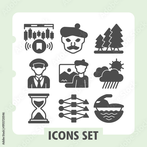 Set of nine glyph style icons depicting charts, profile, family, trees, judge, conversation, gears, mask and comedy for web and mobile interfaces.
