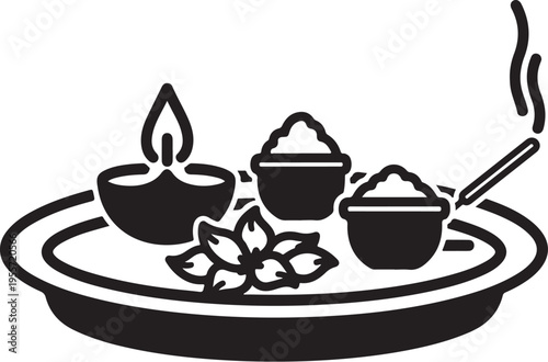 Vector illustration of Diwali puja plate with candle, powder, and incense