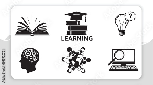 Collection of diverse black and white silhouette icons illustrating the multifaceted journey of learning, knowledge acquisition, research, and global interconnectedness in education and intellect