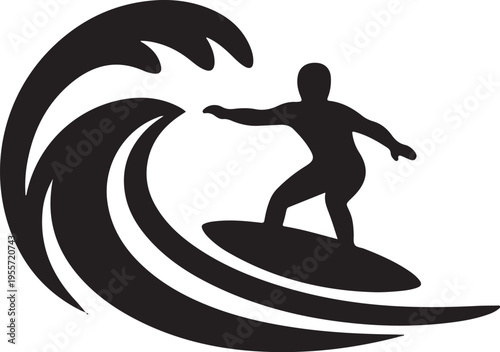 Black silhouette of surfer riding wave vector icon