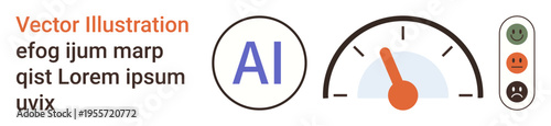 Artificial intelligence, performance analytics, feedback systems, technology assessment, satisfaction monitoring, efficiency tracking. Speedometer and satisfaction scale. AI and performance analytics