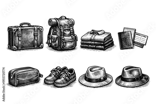 Vintage travel essentials illustration: suitcase, backpack, folded clothes, shoes, hats, and documents