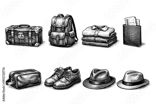 Vintage travel essentials collection: luggage, backpack, clothes, shoes, hats, and passport holder