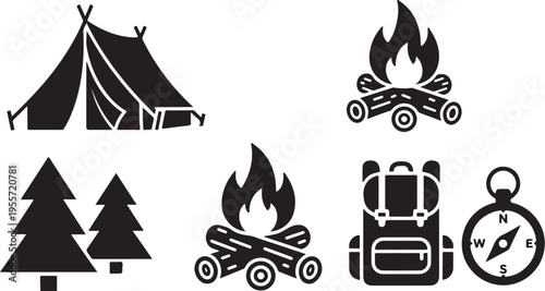 Set of 6 camping icons vector, black silhouette