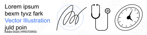 Legal documentation, medical records, time management, professional services, healthcare jobs, recordkeeping. Abstract icons of a signature, stethoscope clock and generic text. Legal documentation