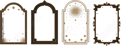 Ornate metal wrought iron gates and a matching fence stand before a vintage golden antique picture frame and an old wooden border as a blank art decoration against a wall