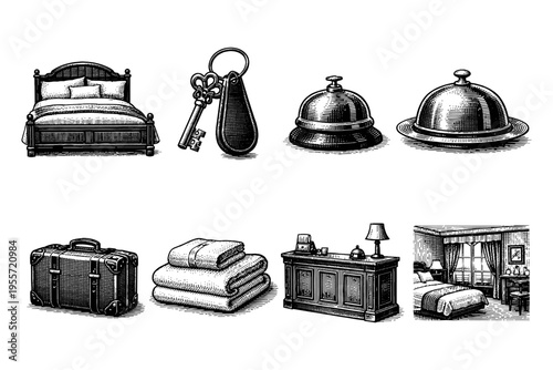 Vintage hotel amenities and room illustration in a classic engraving style