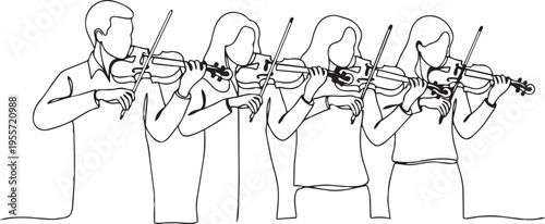 Group of violinists performing together in a coordinated manner