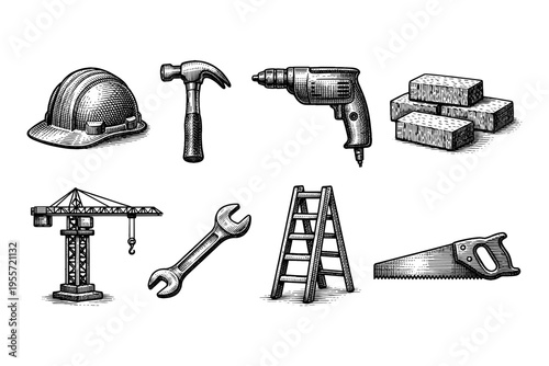 Collection of construction and DIY tools in a vintage engraved style