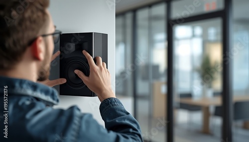 A man is adjusting a black speaker mounted on a wall in a modern office or corporate setting.
