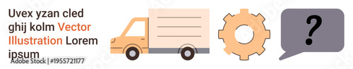 Logistics, supply chain, problem-solving, transportation planning, process optimization, delivery services. Truck, gear and question mark icons in a horizontal layout. Logistics and supply chain